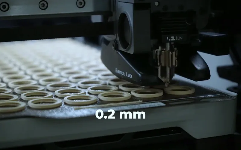 Cận cảnh đầu in Bambu Lab đang in, chú thích 0.2 mm