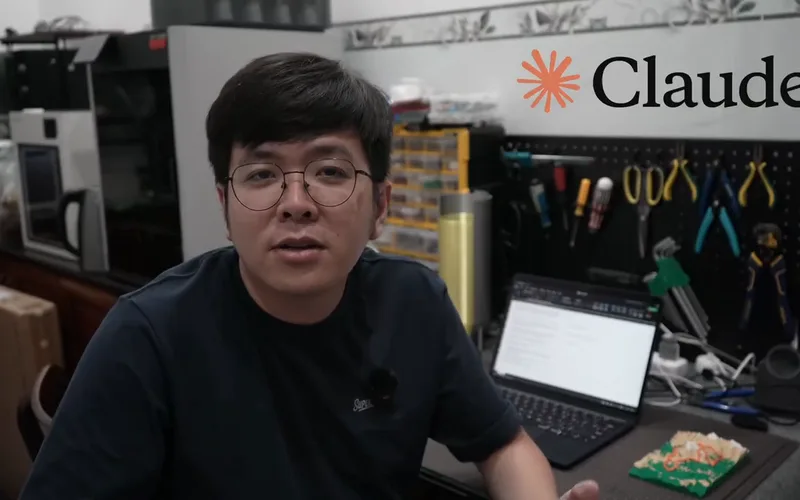 Mình ngồi trước bảng hiệu Claude trong workshop