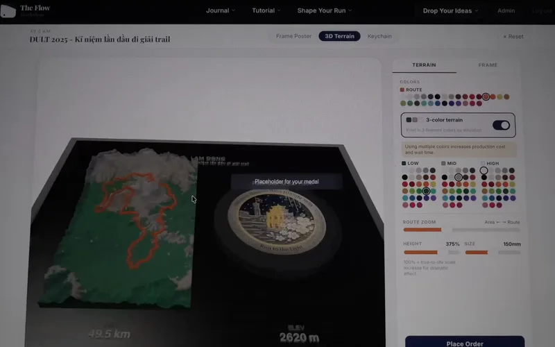Sa bàn địa hình 3D với đường chạy trên web, bên cạnh huy hiệu 48.5 km và 2620 m