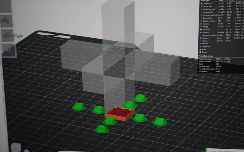 The slicer showing green props under the overhanging part